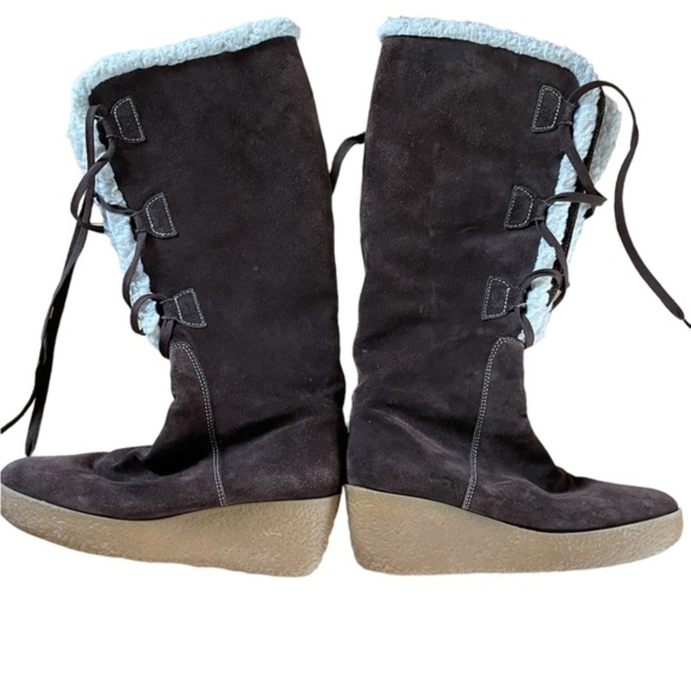 Michael Kors Faux Shearling Brown Leather Lace Up Tall Wedge Boots Size 9‎